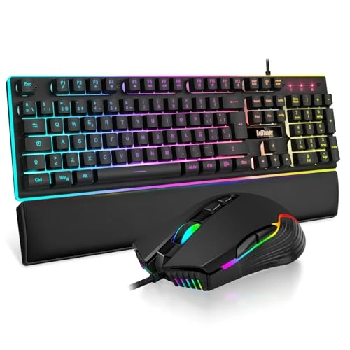 Offerta a tempo: RedThunder K10 - Set 3 in 1 di poggiapolsi in pelle per tastiera e mouse, retroilluminazione dinamica RGB+tocco meccanico, tasti anti-ghosting + mouse 7D 7200DPI, layout spagnolo, PC/PS5/Xbox - nero - 0.00% da 67.53 € a 67.53 €