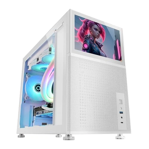 Mars Gaming MC-LCD, Compact Micro-ATX PC Case, 8" IPS LCD Display, Side, Top and Front Mesh Grille, Tempered Glass Side Window, Mini Gaming Tower with Modular Panel Design, White