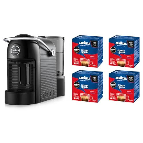 Lavazza A Modo Mio Jolie Evo - Máquina de café fabricada con 36 % de plástico reciclado, cafetera expreso con 64 cápsulas Lavazza a Modo Mio, crema y sabor clásico incluidas, negra
