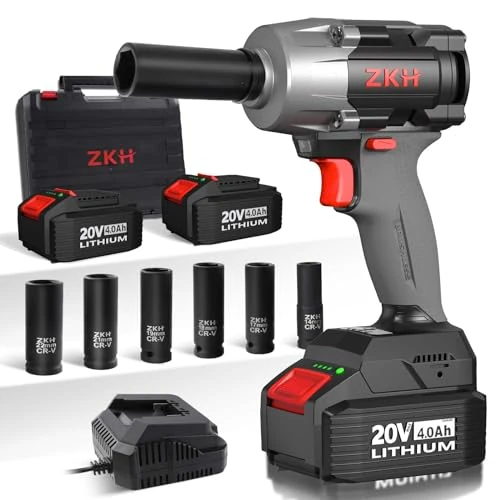 ZKH 880Nm Avvitatore a impulsi a batteria, 20V avvitatore a impulsi brushless professionale da 1/2" con batteria 2x 4.0, 4 velocità, avvitatore a impulsi con 6 bussole per il cambio degli pneumatici