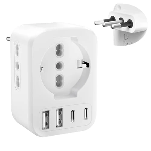 Clomnpe Adaptador Enchufe Español/Europa a Italia, 7 en 1 Adaptador Enchufe Italiano con 3 Schuko, 2 USB-A y 2 USB-C, Tipo L Plug Compatible con Italia,Chile,Maldivas,Siria,etc. Ideal para Viajeros