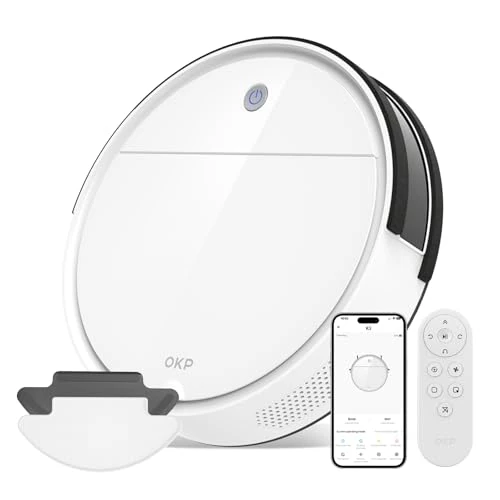 OKP Odkurzacz Robot Z Funkcją Czyszczenia, Robot Odkurzacz Superfine, Robot Odkurzacz WLAN kompatybilny z WiFi/APP/Alexa, idealny do twardych podłóg, dywanów i sierści zwierząt domowych z pilotem K5B