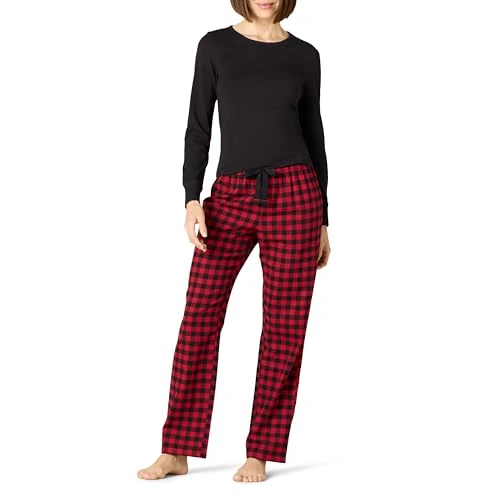Amazon Essentials Ensemble de Nuit léger en Flanelle avec Pantalon et t-Shirt à Manches Longues pour Femmes, Carreaux de Buffle Classiques et Noir, Taille S