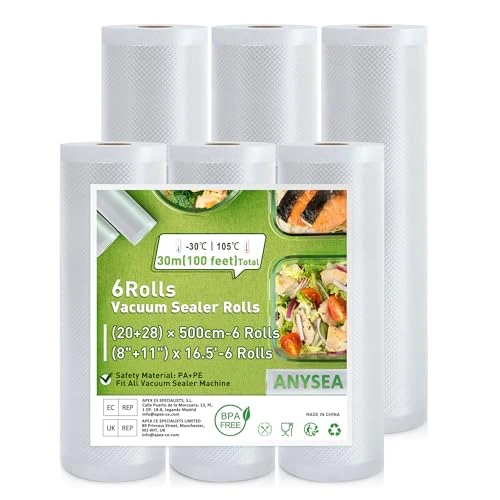 Anysea Vacuum Sealer Bags Vacuum Film Food Bag Professional Foil Rolls 20 x 28 x 500 cm, 6 Rolls Vacuum Bags BPA-Free
