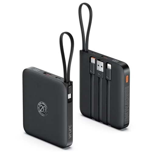 VRURC Banque d'alimentation 10 000 mAh avec 4 câbles intégrés, 22,5 W Batterie USB C à Charge Rapide, PowerBank pour téléphone Portable Écran LED pour iPhone 15 14 Samsung Galaxy S23 Google Pixel