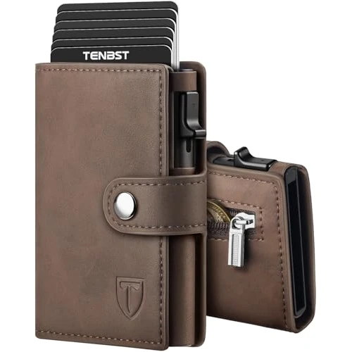 Offerta a tempo: TENBST Portafoglio Uomo Slim, Piccolo Pelle Portamonete, RFID Porta Carte di Credito Uomo, Portatessere Anticlonazione con Bottone, Marrone, Box Regalo - 35% da 39.99 € a 25.99 €