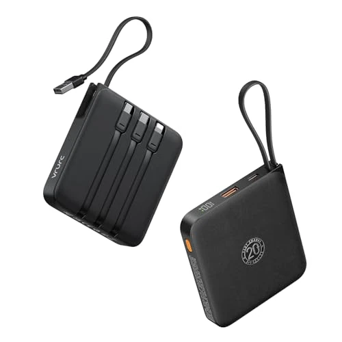 VRURC Power Bank 20000mAh, Power Bank z wbudowanymi kablami, akumulator do szybkiego ładowania USB C 22,5 W, wyświetlacz LED dla iPhone'a 15 14 iPad, Samsung Galaxy S23 Google Android Phone - czarny