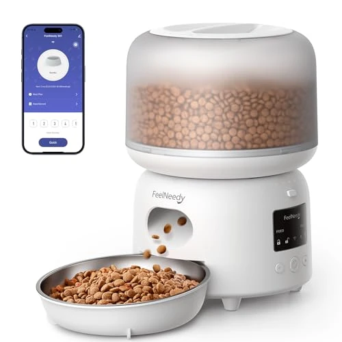 FEELNEEDY Comedero Gato Automático, Dispensador Comida Gatos y Perros, Programa Personalizado hasta 6 Comidas/36 Porciones al Día, Tazón para Gatos de Acero Inoxidable, 3L