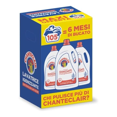Offerta a tempo: Chanteclair - Detersivo per Lavatrice Igienizzante, Rimuove Germi e Batteri, Bucato Pulito e Igienizzato - 3 Flaconi da 1575 - 35% da 15.99 € a 10.46 €