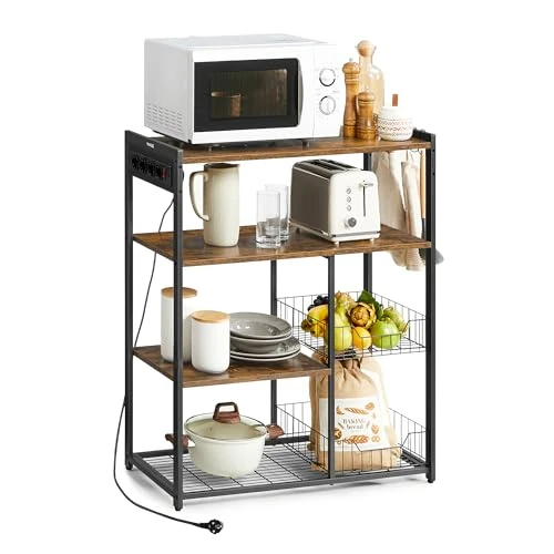 VASAGLE Estantería de Cocina con Enchufes, 2 Cestas de Malla, Estantería para Microondas, con Estantes y Ganchos, 35 x 80 x 93,5 cm, Estilo Industrial, Marrón Rústico y Negro Tinta KKS196K01