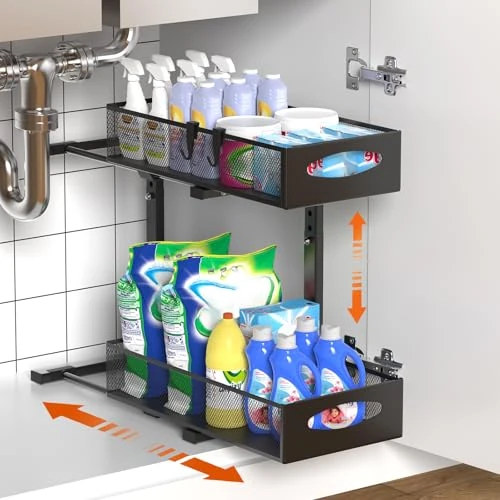 Offerta a tempo: Housolution Organizer Sottolavello in Metallo, Scaffale Sottolavello Estraibile a 2 Livelli con Altezza Regolabile, Organizzatore Sottolavello per Armadio da Cucina, 1 Pezzo, Nero - 20% da 36.99 € a 29.44 €