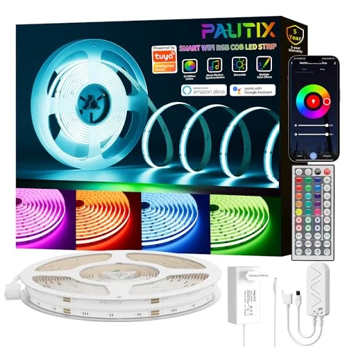 Offerta a tempo: PAUTIX Striscia LED COB RGB 10m,24V Dimmerabile e Colorabile LED Strip Lights Compatibile con Alexa/Google Assistant,RGB LED Strisce con Telecomando,APP/Controllo Vocale per Bar,Feste e Progetti DIY - 0.00% da 65.99 € a 65.99 €