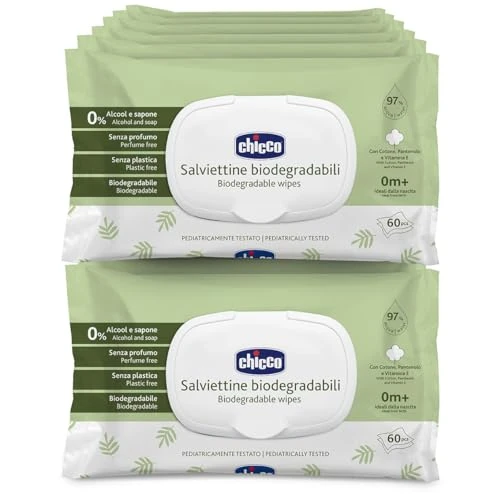 Chicco Salviette Neonato Detergenti Multiuso Biodegradabili, Senza Alcool, Adatte per Pelli Sensibili, con Fibre Naturali, Megapack da 720 Salviette, 12 Confezioni da 60 Salviettine