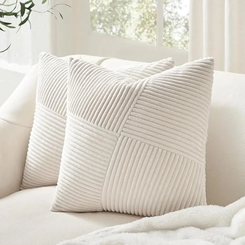 Offre limitée : Topfinel Housse Coussin Doux 50x50 Crème Blanc en Velours Côtelé,Housse Coussin Decoratif Canape Motif à Rayures Patchwork Decoration Maison Salon Chambre pour Canapé,Lot de 2 de 13.96 € à 13.26 € (5% de remise)