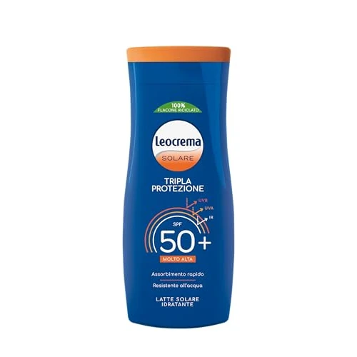 Leocrema - Crema Solare SPF 50+, Tripla Protezione dai raggi solari, Formula Idratante e Resistente all'Acqua, 200ml