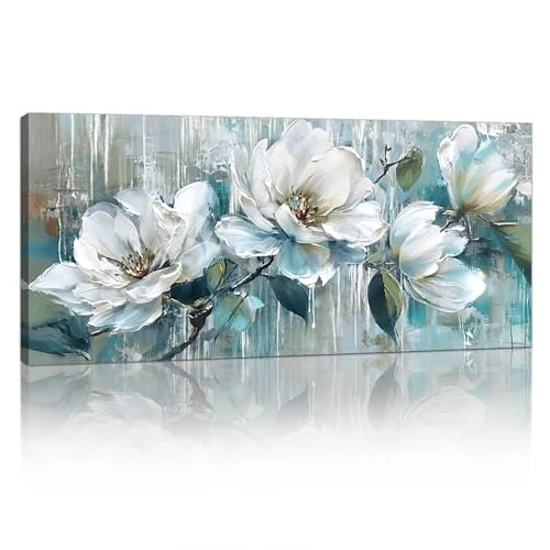 Tijdelijke aanbieding: Groot ingelijst Canvas Wandkunst, Blauwe Witte Pioenbloemen Canvas Muur Schilderijen Vintage Bloemen Schilderij op print Canvas Poster Decor voor Woonkamer Slaapkamer Klaar om op te hangen 120x50cm van 56.99 EUR naar 56.99 EUR (korting 0%)