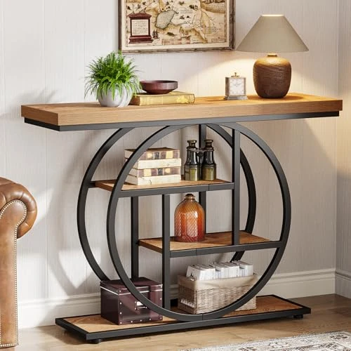 Zeitlich begrenztes Angebot: Tribesigns Konsolentisch Schmal 105 x 30 cm, Flurtisch mit 4 Ablagen, Industrieller Eingangstisch mit Rundem Metallrahmen, Flurkonsole für Kleine Räume, Wohnzimmer und Foyer, Hellbraun von 139.99 € auf 69.99 € (50% Rabatt)