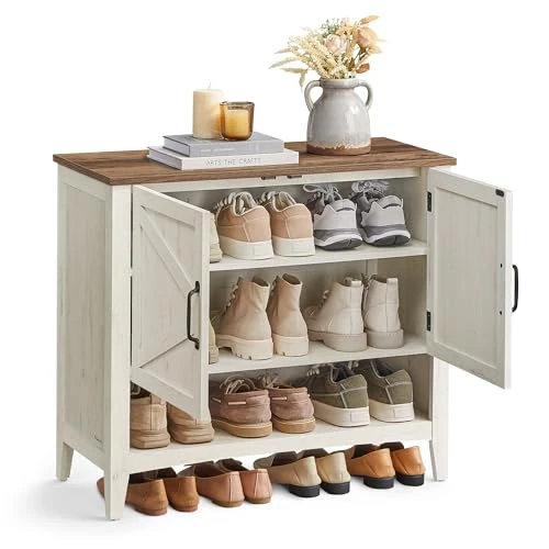 Offerta a tempo: VASAGLE LIRY Collezione - Mobiletto Porta Scarpe, Scarpiera a 3 Livelli, Stile Tradizionale Americano, con Ripiano Regolabile, Manici, Gambe Robuste, Ingresso, Bianco Vintage LBC038W01 - 0.00% da 69.99 € a 69.99 €
