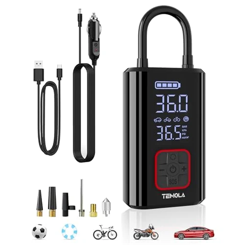 TEMOLA Portable Car Air Compressor, Mini Portable Air Compressor with LED Light, Powerful Car Tyre Inflator Essential Car Accessories for Men with Pressure Gauge for Car Motorcycle Bike Bicycle