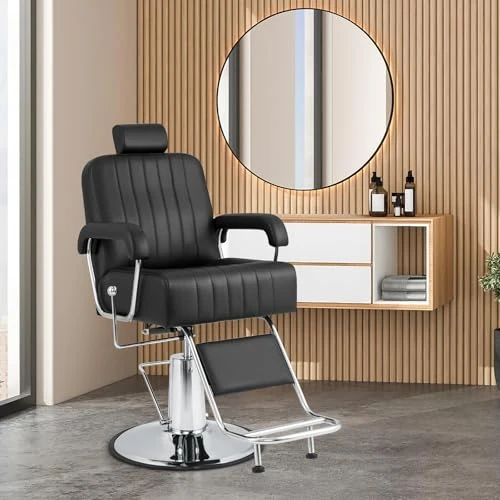 RELAX4LIFE Sillón de Peluquería Giratorio 360 ° Sillón de Barbero, con Reposacabezas Ajustable y Respaldo Reclinable, Carga 150 kg, Ideal para Salones de Belleza Peluquería