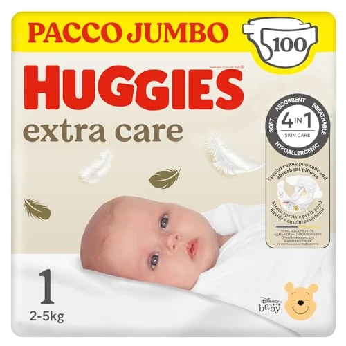 Offerta a tempo: Huggies Extra Care, Pannolini Taglia 1 (2-5Kg), Ultra assorbente, Pacco Jumbo, 100 Pz - 24% da 29.99 € a 22.79 €