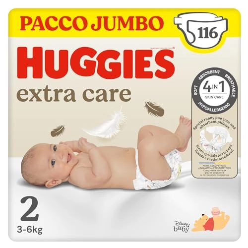 Offerta a tempo: Huggies Extra Care, Pannolini Taglia 2 (3-6Kg), Ultra assorbente, Pacco Jumbo, 116 Pz - 23% da 35.99 € a 27.59 €