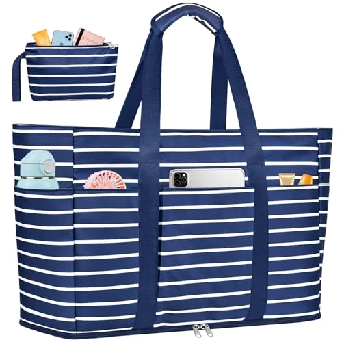 Tijdelijke aanbieding: LUROON Strandtas voor Dames, Groot, XXL, Familie, Waterdicht, Met Ritssluiting, Strandtas Voor Strand, Zwembad, Vakantie, Blauwe Streep, L, Modern van 27.99 € naar 27.99 € (0.00% korting)