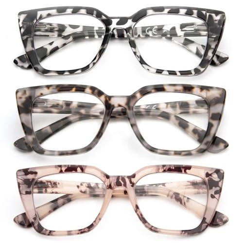 Offerta a tempo: Kodilin 3 Pack Occhiali da lettura donna Oversized Square Anti Luce Blue Computer Lettori Uomo con cerniera a molla (+2.5, rosa leo leo grigio leo) - 30% da 15.99 € a 11.16 €