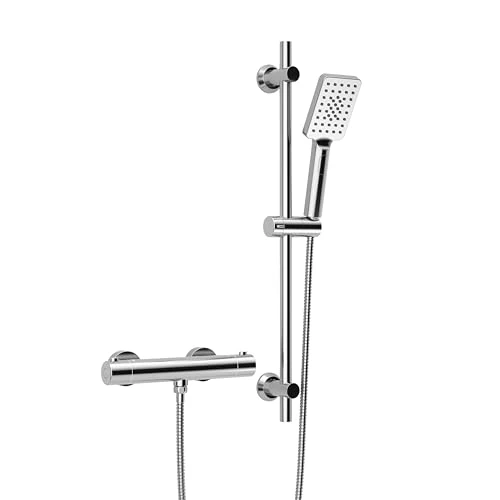 Görbach Rubinetto termostatico per doccia con set di aste per doccia, miscelatore termostatico, miscelatore doccia + set di aste per doccia, 70 cm, rettangolare, cromato