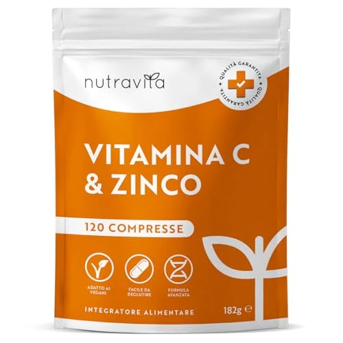 Offerta a tempo: Nutravita Vitamina C Pura Alto Dossagio 1000mg + Zinco 15mg – 120 Compresse Vegane - Integratori Vitamina C Zinco ad Alta Resistenza - Sostiene il Sistema Immunitario, Pelle, Ossa, Unghie, Capelli - 5% da 9.99 € a 9.49 €