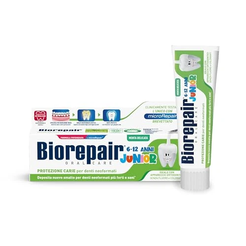 Biorepair, Zahnpasta Junior 6-12 Jahre, Zahnpasta für Kinder ohne Fluorid, mit Vitamin E, Antioxidans, für gesundes Zahnfleisch, erfrischend Minzgeschmack, 75 ml