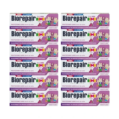 Offerta a tempo: Biorepair Bimbi, Dentifricio Protezione Carie, Bambini 0-6 Anni, Con Estratto di Uva, Con MicroRepair, Clinicamente Testato, Senza Fluoro e Coloranti,12x50ml - 26% da 41.88 € a 31.16 €
