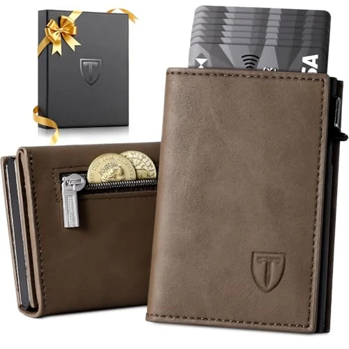 Tomylv Cartera Hombre, Tarjetero de Cuero Pequeño con Bloqueo RFID, Cierre Magnético Tarjetero Hombre con 8 Ranuras para Tarjetas, Billetes y Monedas, Caja de Regalo - Marrón