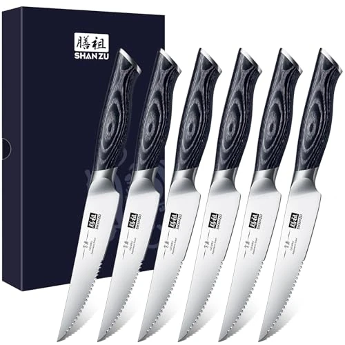 Tijdelijke aanbieding: SHAN ZU 6-Pcs Steakmessen Set, 4,5 Inch Hoog Koolstof Japans Superstaal, Ultra Scherpe Keuken Steakmessen met K133 Ergonomische Handgreep – Genbu Serie van 67.98 EUR naar 67.98 EUR (korting 0%)