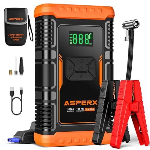 Oferta limitada: ASPERX Arrancador de Baterias de Coche 3000A,150PSI Arrancador de Coches con Compresor de Aire,Portatil Booster Bateria12v (hasta 10L de Gasolina o 8L de Diésel) para Motos, SUV, etc. de 79.99 EUR a 79.99 EUR (ahorro 0%)