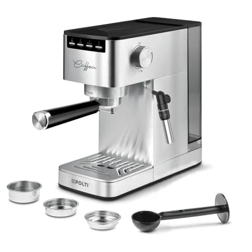 Polti Coffea P10S Manual Espresso and Cappuccino Coffee Maker, Compatible with Ground Coffee and E.S.E. 44 mm Pods, Steamymilk for Milk Elevator, Removable 1.3L Tank, Silver