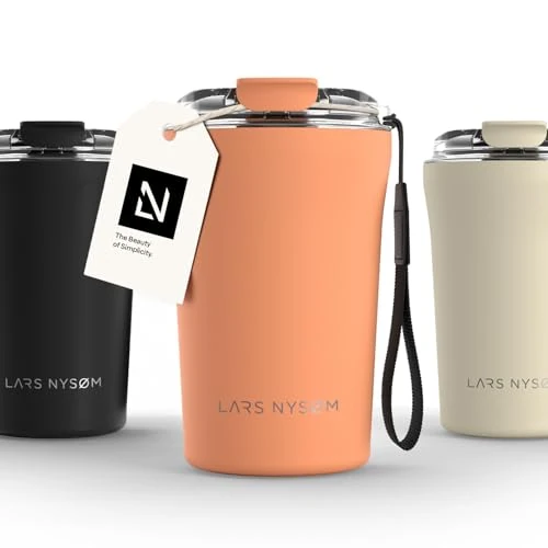 LARS NYSØM Mug Isotherme Cafe to-go avec sangle et couvercle en tritan 380ml | Tasse de voyage 0.38 litre avec isolation | Tasse thermique étanche en acier inoxydable (Pumpkin Orange, 380ml)