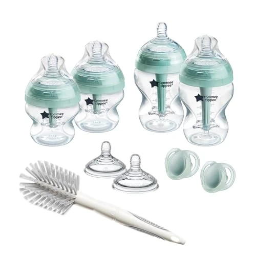 Tommee Tippee babyflessen, geavanceerde anti-koliek pasgeboren set, 4 x flessen met 2 x spenen met gemiddelde doorstroming, anti-koliek ventilatieslang