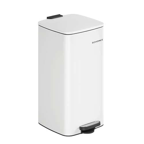 SONGMICS Pattumiera da Cucina, Cestino da 30 L, Cestino a Pedale in Acciaio, con Secchio Interno, Chiusura Morbida e Resta Aperto, Bianco Nuvola LTB593W02