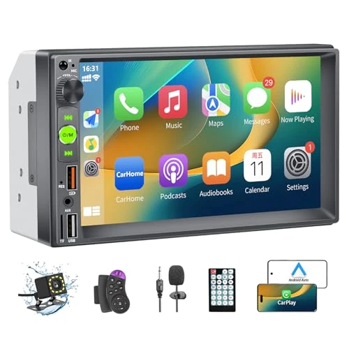 2 DIN Car Radio Compatible with Carplay, 7-inch Bluetooth Car Radio Touchscreen Supports Hands-free/FM/Mirror Link/USB/AUX