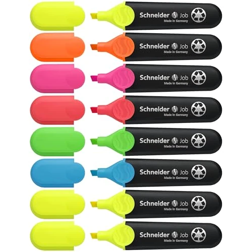 Schneider Job 150 - Rotuladores fluorescentes (rellenables y resistentes a la decoloración) (8 unidades), color amarillo (3 unidades), color naranja, rosa, verde, azul y rojo