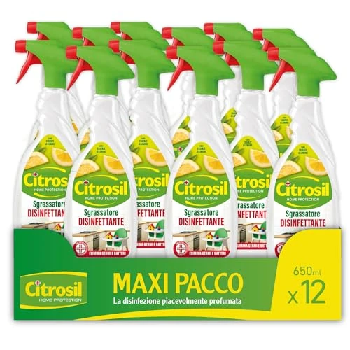 Offerta a tempo: Citrosil Sgrassatore Disinfettante, Elimina Fino al 99,9% di Virus e Batteri, Essenze di Limone, 650 ml x 12 Confezioni - 20% da 40.11 € a 31.99 €