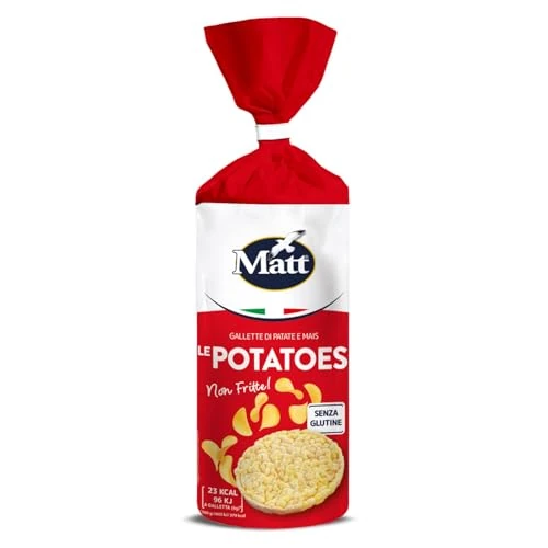 Offerta a tempo: Matt, Le Potatoes, Gallette di Patate e Mais, Non Fritte, Senza Olio, Senza Glutine, Senza Lievito, Snack Stuzzicante e Alternativo a Basso Contenuto di Grassi, Confezione da 100 g - 46% da 2.75 € a 1.49 €