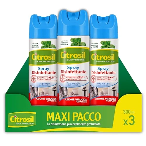 Citrosil Disinfettante Spray, Azione Virucida Completa, Elimina Fino al 99,9% di Virus e Batteri, Essenza di Menta, 300 ml x 3 Confezioni