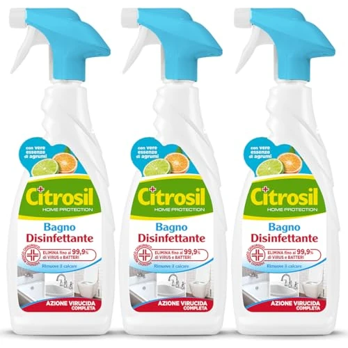 Offerta a tempo: Citrosil Sgrassatore Bagno Disinfettante, Azione Virucida Completa, Elimina Fino al 99,9% di Virus e Batteri, Essenze di Agrumi, 650 ml x 3 Confezioni - 23% da 9.99 € a 7.74 €