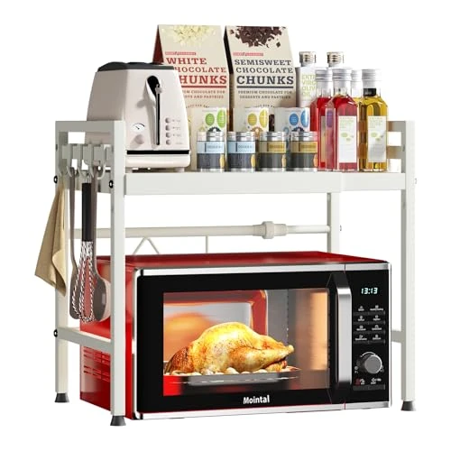 Offre limitée : Mointal Étagère Micro-Ondes Extensible, Support pour Micro-Ondes à 2 Niveau, Étagère pour Micro-Ondes en Acier au Carbone, Longueur Réglable, Organisateur de Rangement Cuisine avec 8 Crochets, Blanc de 34.09 € à 28.89 € (15% de remise)