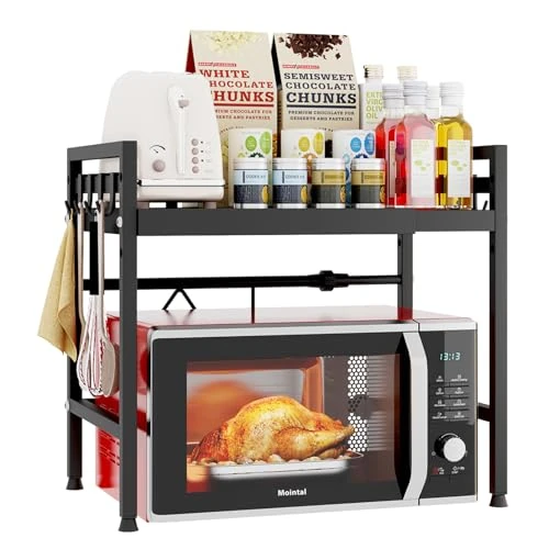 Mointal Regulowany Półka na Mikrofalówkę, Stojak na Mikrofalówkę Kuchenny 2-Poziomowy, Uchwyt na Mikrofalówkę z Węglika Stali, Organizator Przechowywania Kuchni z 8 Hakami, Czarny