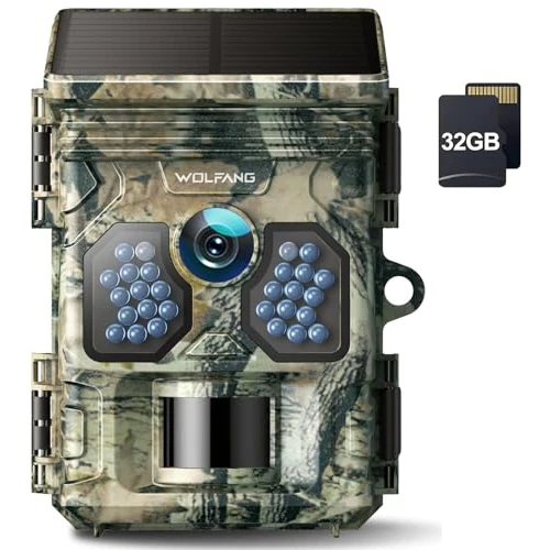 WOLFANG Wildkamera, 4K Solar Video Wildtierkamera mit 32G Speicherkarte, 48MP Full HD-Auflösung Jagdkamera, Nachtsicht, Bewegungssensor, 0.1s Auslösezeit, IP66 Wasserdicht für Wildlife Monitoring