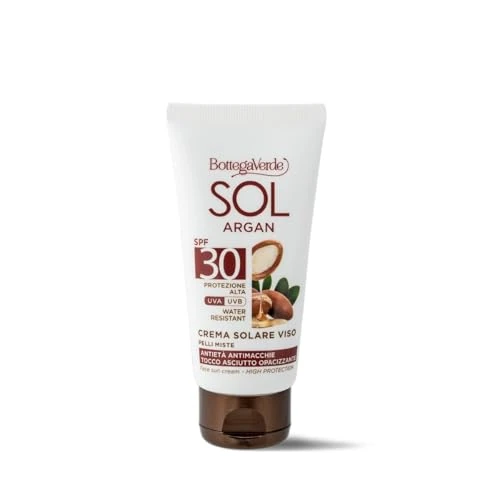 Offerta a tempo: Bottega Verde - SOL Argan, Crema Solare Viso, 50 ml, SPF 30, Antietà e Antimacchie, Protezione Alta, Arricchita con Olio di Argan e Vitamina E, Opacizzante, Formula Vegana, per Pelli Miste e Grasse - 10% da 11.99 € a 10.82 €