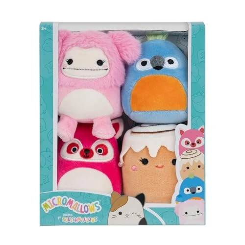 Limited-time offer: Squishmallows Micromallows Original Micromallows 4-Pack – Brina Bigfoot, Chanel Cinnamon Roll, Lucia Lemur, Tenise Parrot from 13.87 £ to 12.99 £ (save 6%)